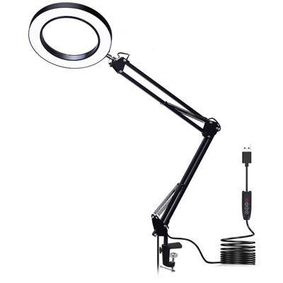 Lente d'ingrandimento USBLED lampada da scrivania 5 volte Lente d'ingrandimento LED 22cm + 22cm braccio lungo retrattile nero - ASUPERMALL