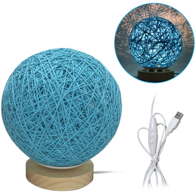 15CM twine takraw lampada da tavolo base in legno 6 perline lampada bianco caldo USB 3W dimmer con paralume blu - ASUPERMALL