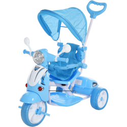 Triciclo Passeggino Azzurro a Forma di Moto per Bambini 3-8 Anni con Tettuccio Rimovibile - Homcom características