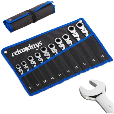 Set di Chiavi Inglesi & Anello, Kit da 10 Attrezzi, Funzione a Cricchetto, Borsa Pieghevole, 10-19 mm, Nera - RELAXDAYS