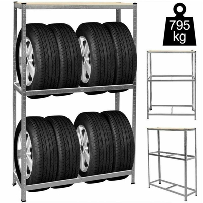 Supporto Scaffale Porta Pneumatici 2 Ripiani Metallo con Piano Legno Removibile - BAKAJI