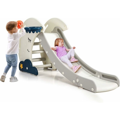 3 in 1 Scivolo per Bambini Pieghevole, Scivolo da Giardino con Canestro da Basket e Scaletta, Acquascivolo Multifunzione, Carico Fino 50kg, 180 x 51