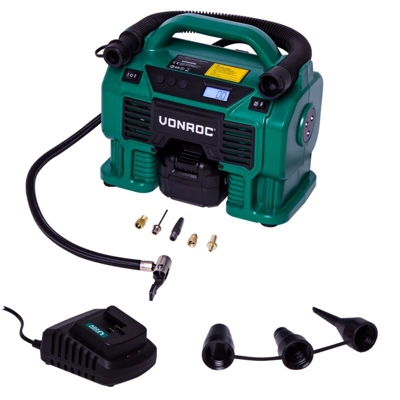 Compressore portatile VPOWER 20V con presa accendisigari 12V - 11 bar. Include due batterie da 4.0Ah, caricabatterie e 8 accessori - Vonroc