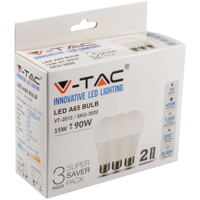 V-tac - Lampadina LED E27 15W A65 4000K (Box 3 pezzi)