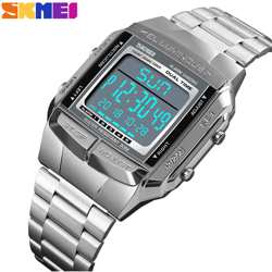 Strap SKMEI 1381 uomini Analogico Digitale vigilanza di modo casuale di sport orologio da polso 2 Tempo 5 Allarme 3ATM impermeabile in acciaio inox características