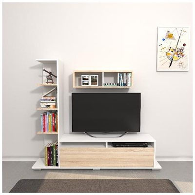 Mobile Porta Tv Argo - Con Libreria Integrata, Mensola, Ripiani - Da Salotto - Bianco, Sonoma In Legno, 150 X 28 X 125 Cm