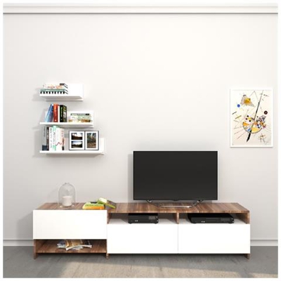 Mobile Porta Tv Campbell - Con Mensole, Ripiani, Ante - Da Salotto - Bianco, Noce In Legno, 180 X 28,4 X 40 Cm