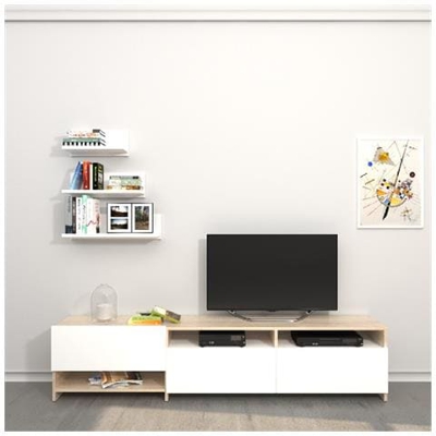 Mobile Porta Tv Campbell - Con Mensole, Ripiani, Ante - Da Salotto - Bianco, Sonoma In Legno, 180 X 28,4 X 40 Cm