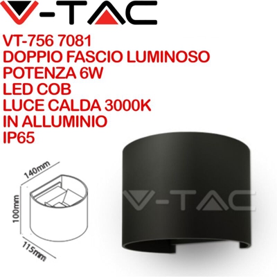 Lampada da muro doppio Led COB 6W IP65 arrotondata colore nero VT-756 3000K - V-tac