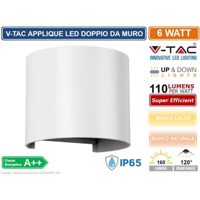 Lampada LED V-TAC da Muro Arrotondata Doppio LED V-TAC COB 6W Colore Bianco Satinato Fascio Luminoso Regolabile 4000K IP65