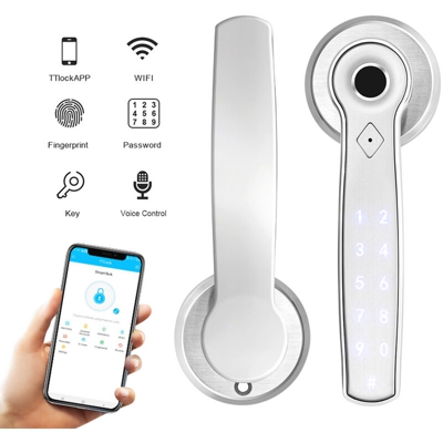 Asupermall - Biometrica serratura maniglia impronta digitale con maniglia reversibile, Dopo impronta digitale / meccanico / APP /, argento
