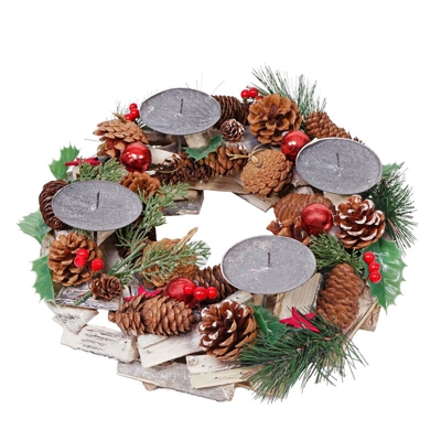 Portacandele circolare avvento natalizio HWC-H49 33cm legno e metallo senza candele - MENDLER