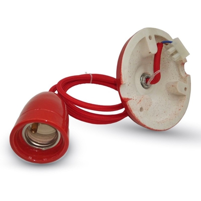 V-tac - Portalampada in Porcellana E27 (Max 60W) Colore Rosso e Cavo in Corda