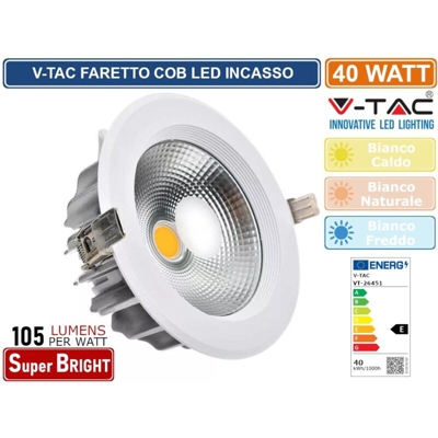 Faretto LED da Incasso Rotondo LED COB 40W A++ Colore Bianco 120LM/W 4500K - V-tac