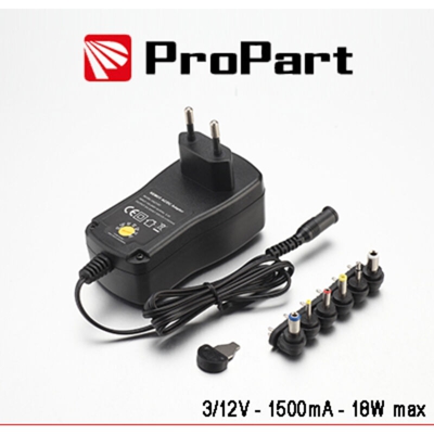 Propart - alimentatore universale 3-12 volt regolabile 18 watt 1,50A 220-240 volt CE nero lif peav312v1500