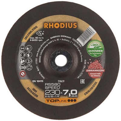 210659 RS580 SPEED Disco di sgrossatura con centro depresso 230 mm 22.23 mm 1 pz. - Rhodius
