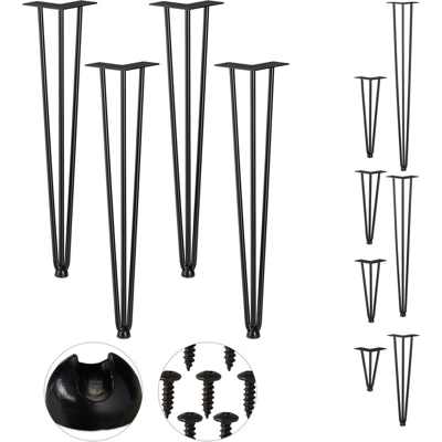 Relaxdays - Hairpin Legs, Set da 4, 3 Aste, Metallo, Gamba Tavolo a Forcella, Sgabello Tavolo e Armadio, Alte 60 cm , Nero
