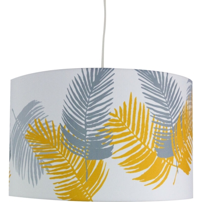 ONLI - Lampada a sospensione con paralume in tela motivo piume (Grigio-Giallo)