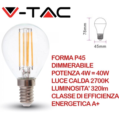 V-tac - lampadina filo led bulbo dimmerabile 220-240 volt 300° 4 watt A+ CE E14 bianco caldo si tec 604314