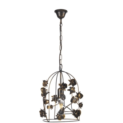 Lampada a sospensione Carolina gabbia in metallo spennellato oro decorata con rose. Marrone - Onli