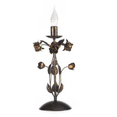 Lampada da tavolo in metallo marrone spennellato oro decorata con rose. H 40cm - Onli