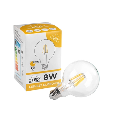 ONLI - Lampadina LED E27 globo filamento 8W trasparente, 3000K, luce calda