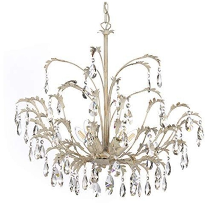 Lampadario 5 luci in metallo avorio spennellato oro con gocce in cristallo pendenti - Onli