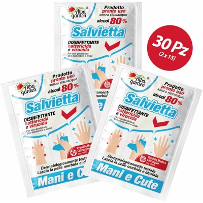 Albagarden - 15 Salviette DISINFETTANTI Mani Cute Battericida Virucida 80% Alcool