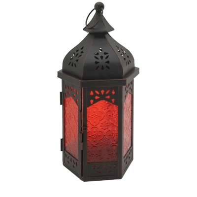 Rebecca Mobili Portacandela Lanterna Metallo Vetro Nero Rosso Sala 32x16x14 - MOBILI REBECCA