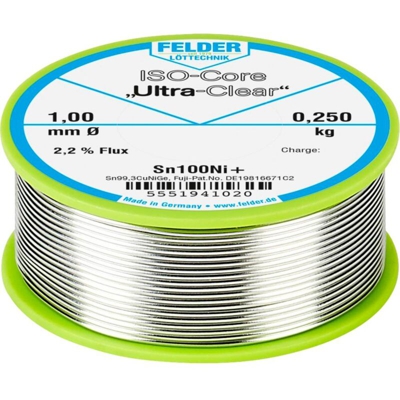 Felder Löttechnik ISO-Core Ultra-Clear Sn100Ni+ Stagno senza piombo Bobina Sn99.25Cu0.7Ni0.05 0.250 kg 1 mm
