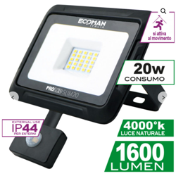 LED PROIETTORE SENSOR NERO 20W 4000K IP44 - Ecoman en oferta
