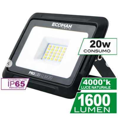 LED PROIETTORE NERO 20W 4000K IP65 - Ecoman