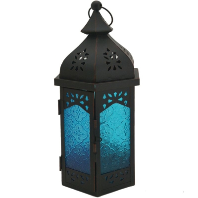 Rebecca Mobili Lanterna Etnica Vetro Metallo Blu Nero Interno Esterno 32x16x14 - MOBILI REBECCA