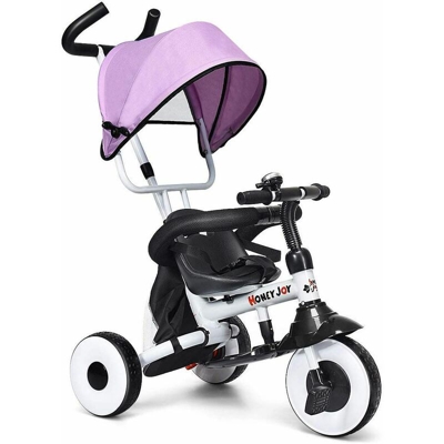 Triciclo 4 in 1 Pieghevole per Bambini, Triciclo a Spinta con Parasole e Pedali Regolabili, Spazio Portaoggetti, Barra di Protezione in Spugna, per