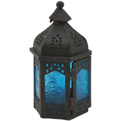 Rebecca Mobili Portacandela Stile Marocchino Blu Nero Metallo Vetro 17x9x8 - MOBILI REBECCA