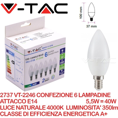 Lampadina LED E14 5,5W a Candela 4000K (Box 6 pezzi) - V-tac