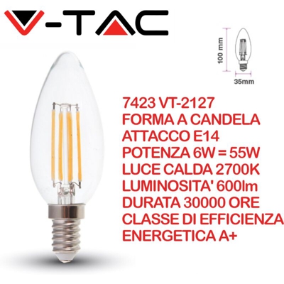 Lampadina LED E14 6W Candela Filamento 3000K - V-tac