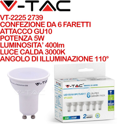 Faretto LED GU10 5W 110° Copertura Satinata 3000K (Box 6 Pezzi) - V-tac características