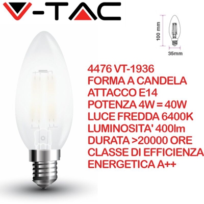 Lampadina LED E14 4W Candela Filamento Satinato 6400K - V-tac