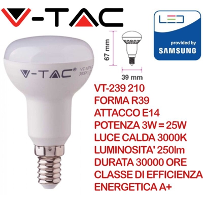 Lampadina LED Chip Samsung E14 3W R39 3000K - V-tac
