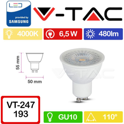 Faretto LED Chip Samsung GU10 6,5W 110° 4000K - V-tac características