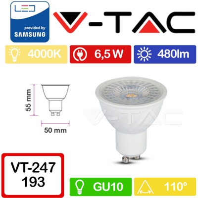 Faretto LED Chip Samsung GU10 6,5W 110° 4000K - V-tac