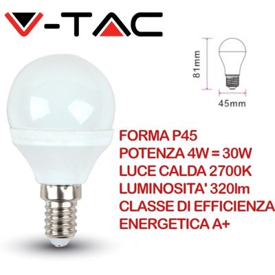 Lampadina LED E14 4W P45 2700K - V-tac