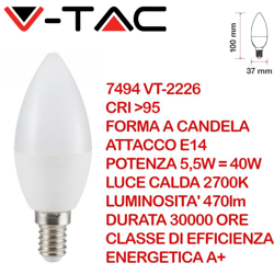 Lampadina LED E14 5,5W Candela 2700K CRI>95 - V-tac en oferta