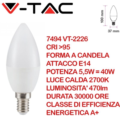 Lampadina LED E14 5,5W Candela 2700K CRI>95 - V-tac