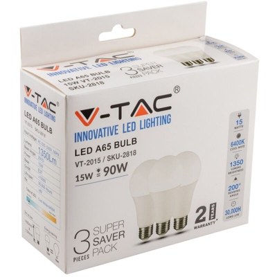 Lampadina LED E27 15W A65 6400K (Box 3 pezzi) - V-TAC