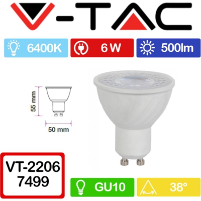Faretto LED Chip Samsung GU10 6W 38° 6400K CRI >95 - V-tac