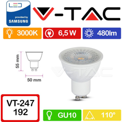 Faretto LED Chip Samsung GU10 6,5W 110° 3000K - V-tac características