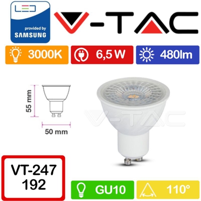 Faretto LED Chip Samsung GU10 6,5W 110° 3000K - V-tac