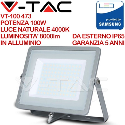 Faro LED V-TAC SMD Chip Samsung 100W Colore Grigio 4000K IP65